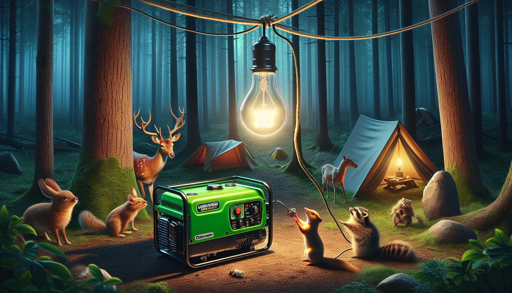 Envision a humorous scenario presenting an unbranded portable generator's effectiveness. The scene unfolds in a campsite located in a dense forest. A traditionally powered lightbulb is hanging from a tree with a thin rope, mysteriously glowing in the twilight. Several forest creatures, including a deer and raccoon, stand in astonishment, while a chipmunk reaches for a miniature switch connected to the bulb, suggesting that it has figured out the source of the magic. The generator, painted vibrant green, sits nearby, fueling this unexpected spectacle, and prompting a chuckle from anyone observing the scene, thus showcasing the allure of portable electricity generation.