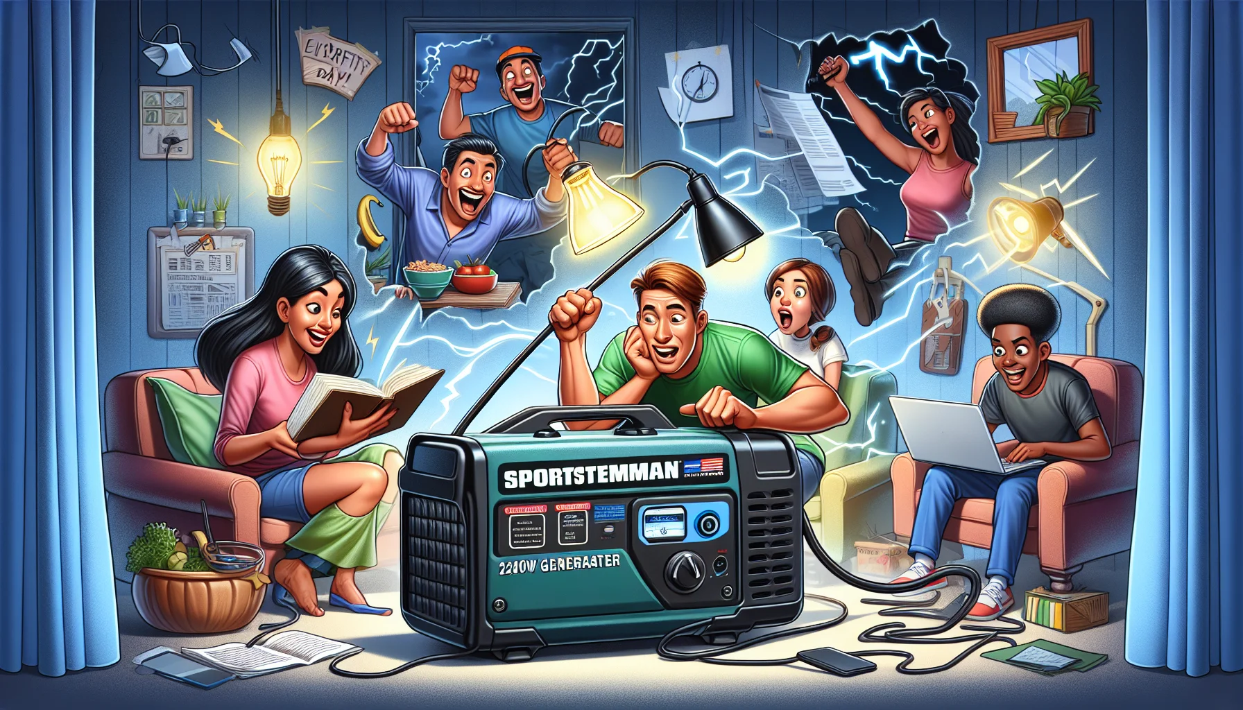 Create a playful and imaginative scene where a Sportsman 2200W Generator gets all the attention in an everyday setting that's been given a comic twist. Suddenly, there's a power outage and a sensible South Asian woman, a witty Caucasian man, and a smart Black teenager appear impressed by the generator's ability to electrify their day, defying the darkness. They're all actively partaking in different activities utilizing the generator - the woman is reading a book with a lamp, the man is working on his laptop, and the teenager is playing a video game, all of them lit up and functioning solely due to the generator's power. They realize the generator not only generates electricity, but also fun, laughter, and uninterrupted activities.