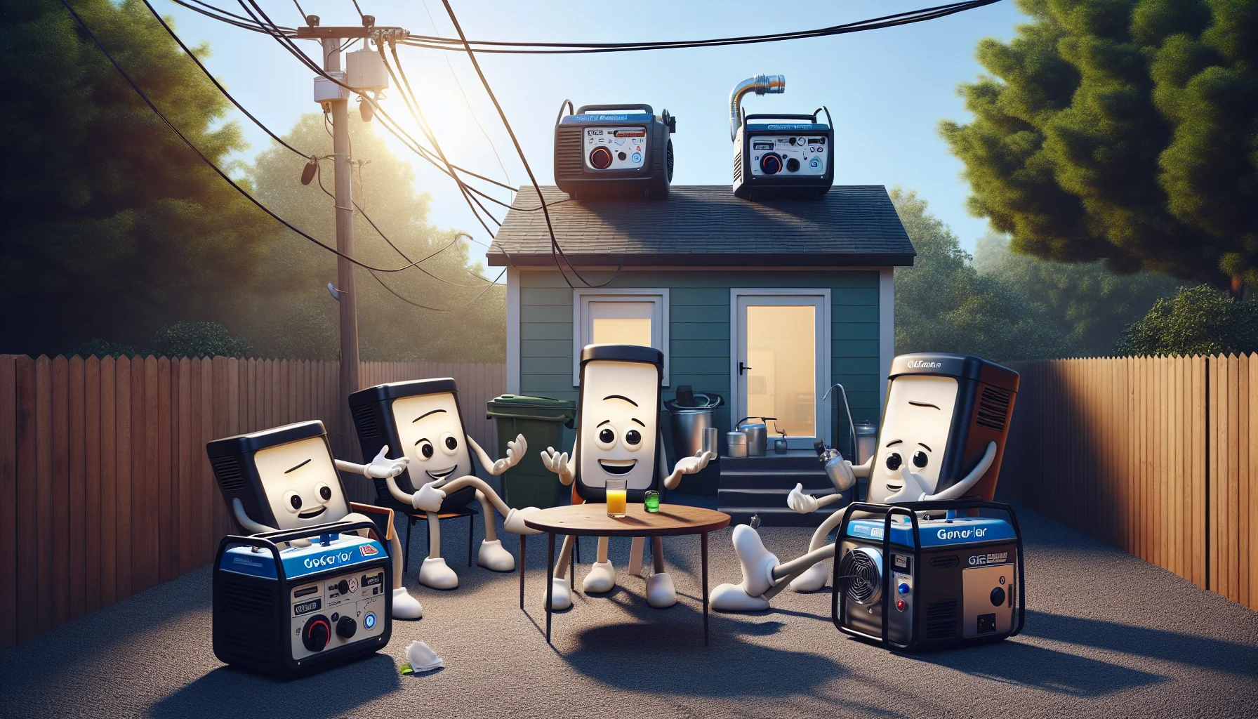 Create a humorous and realistic image representing the category of tri-fuel generators. The scene should be playful and engaging, convincing the viewers to consider generating their own electricity. It could include a unique setting such as a group of animated tri-fuel generators having a lively discussion about electricity production in a comic style, allowing them to provide a spirited gesture towards sustainability. This should be set in a familiar and relatable location like a typical suburban backyard during daylight, showcasing the convenience and advantages of home electricity generation.