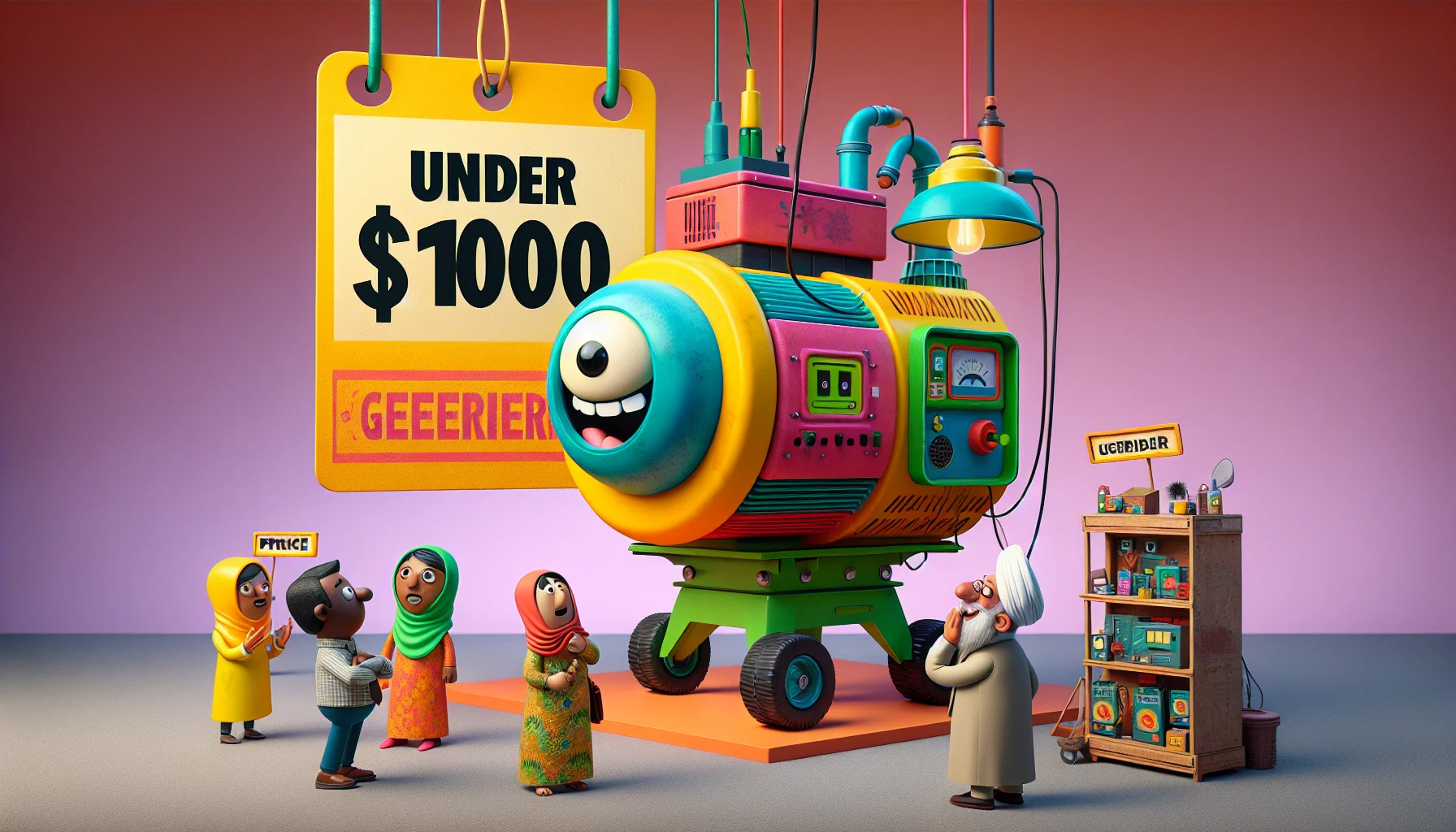 Create an entertaining and realistic scenario where a brightly colored, quirky electricity generator is priced under $1000. This generator is comically large, towering over other items in a whimsical shop setting. Price tag hanging on it boldly displaying the words 'Under $1000'. Engage a diverse group of customers in the scene; an intrigued South Asian woman, a chuckling Middle-Eastern man, and a bemused Caucasian elderly person. This should convey a lighthearted and enticing look at how even the act of generating electricity can be fun and affordable.