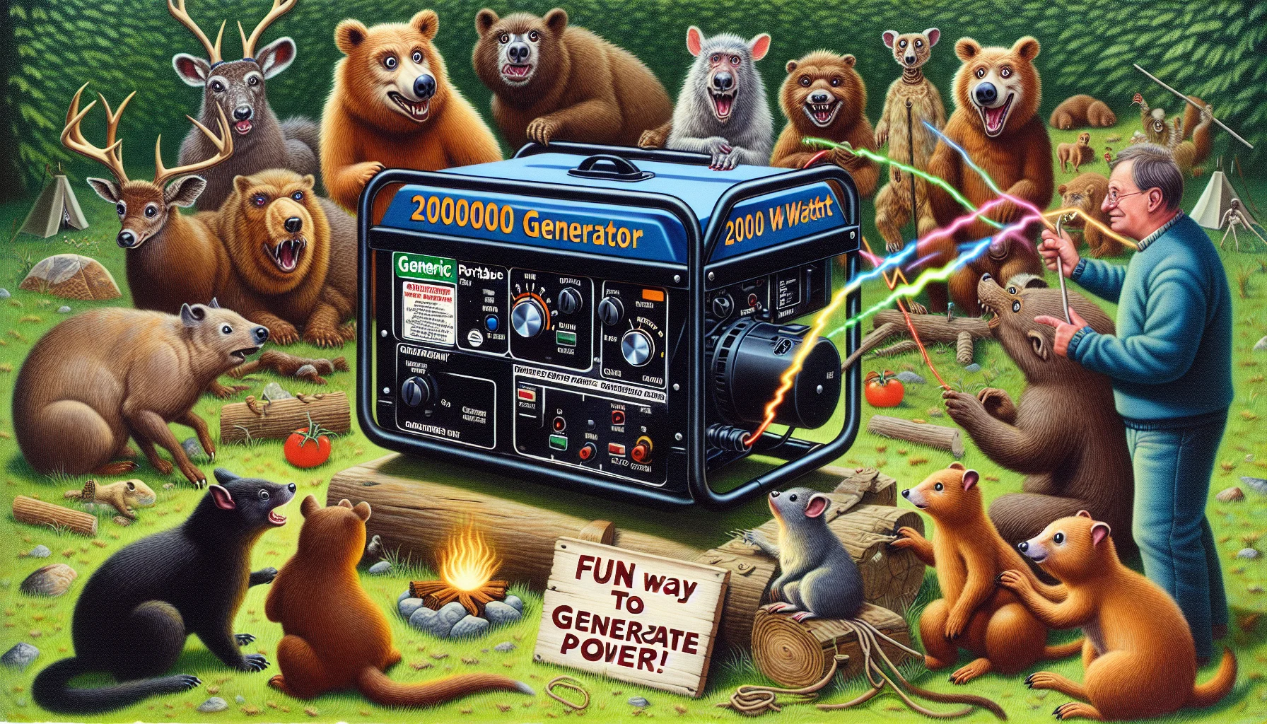 Imagine an amusing scenario featuring a generic portable 2000 watt generator. Visualize it situated in the outdoors, perhaps in a camping context. Surround it by a group of animated woodland creatures, curiously poking and prodding the generator. Emphasize the humour by portraying the animals with human-like expressions of fascination, bemusement, and hilarity. Be sure to highlight the generator producing colourful and crazy light beams, symbolically representing electricity. Put a sign that reads 'Fun way to generate power!' in the foreground, emphasizing the enticing aspect of electricity generation.