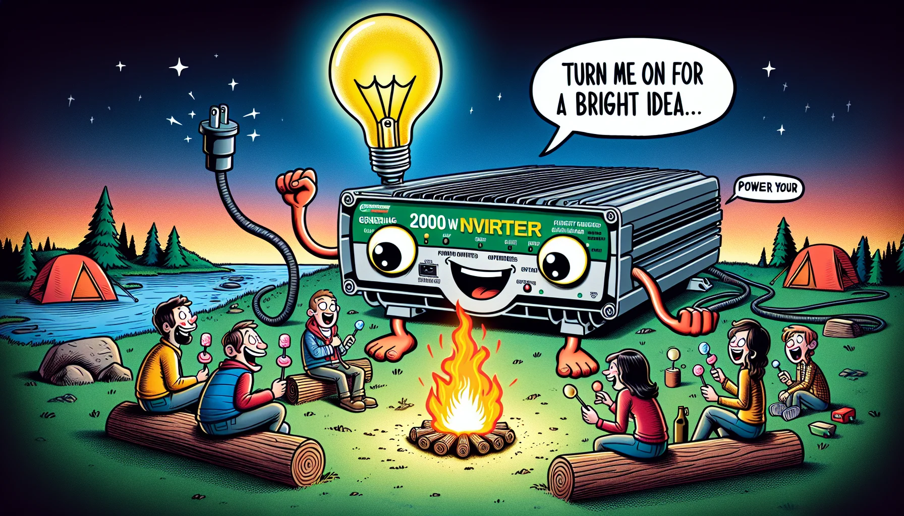 Generate a humorous image consisting of a generic 2000-Watt Inverter that is cheerfully anthropomorphized with cartoon eyes and a wide grin. With its 'arms' that resemble power cables, the inverter is holding up a light bulb that's humorously oversized. The setting is a camping spot during twilight, next to a small water stream, with the inverter generating electricity cheerfully for a group of mixed-gender, multi-racial campers sitting around a roaring campfire, laughing, and toasting marshmallows on sticks. The phrases 'Turn me on for a bright idea', 'Power your adventures' are humorously integrated as comic-style speech bubbles from the inverter.