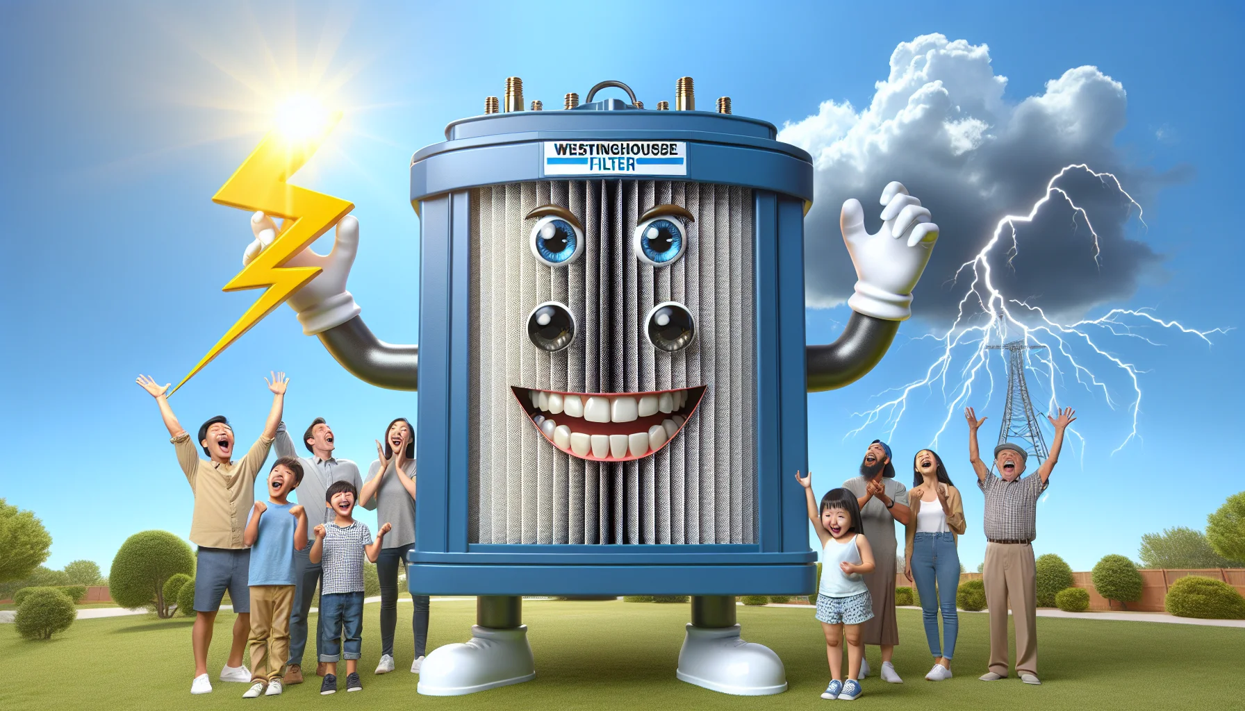 Create a humorous and realistic image displaying a Westinghouse Filter. In this scenario, the filter seems to be cheerfully dressed up with eyes,shiny teeth and hands. The location is an outdoor setting with pristine blue sky in the background. Beside the filter, there is a giant lightning bolt from the sky, suggesting the power it holds. Around the filter, a diverse group of people consisting of an Asian man, a Caucasian woman, a Middle Eastern child, and a Black elderly, are in awe and laughing, indicating the filter's ability to generate electricity.