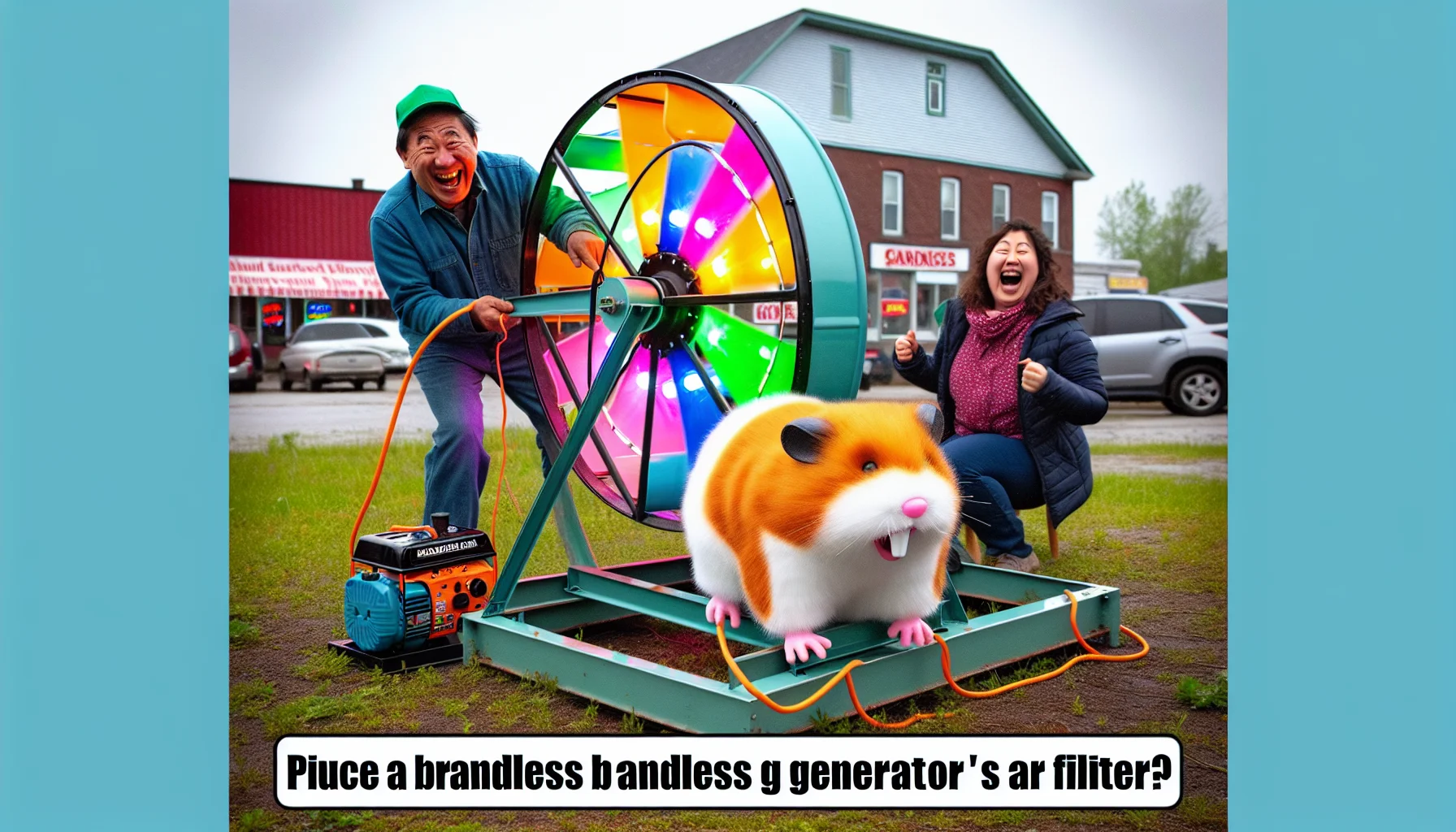 Picture a hilarious scenario showcasing a brandless generator's filter. In a small town, the local barber, a charismatic South Asian man, and a kindergarten teacher, an energetic Hispanic woman, have found a unique way to use the generator. They've rigged it up to a giant hamster wheel for a life-size faux hamster in the park. When the hamster runs, it powers the generator, flipping on bright, multicolored lights on the fake fur of the hamster. This humorous spectacle draws laughing crowds, amusing everyone with its unorthodox method of generating electricity.
