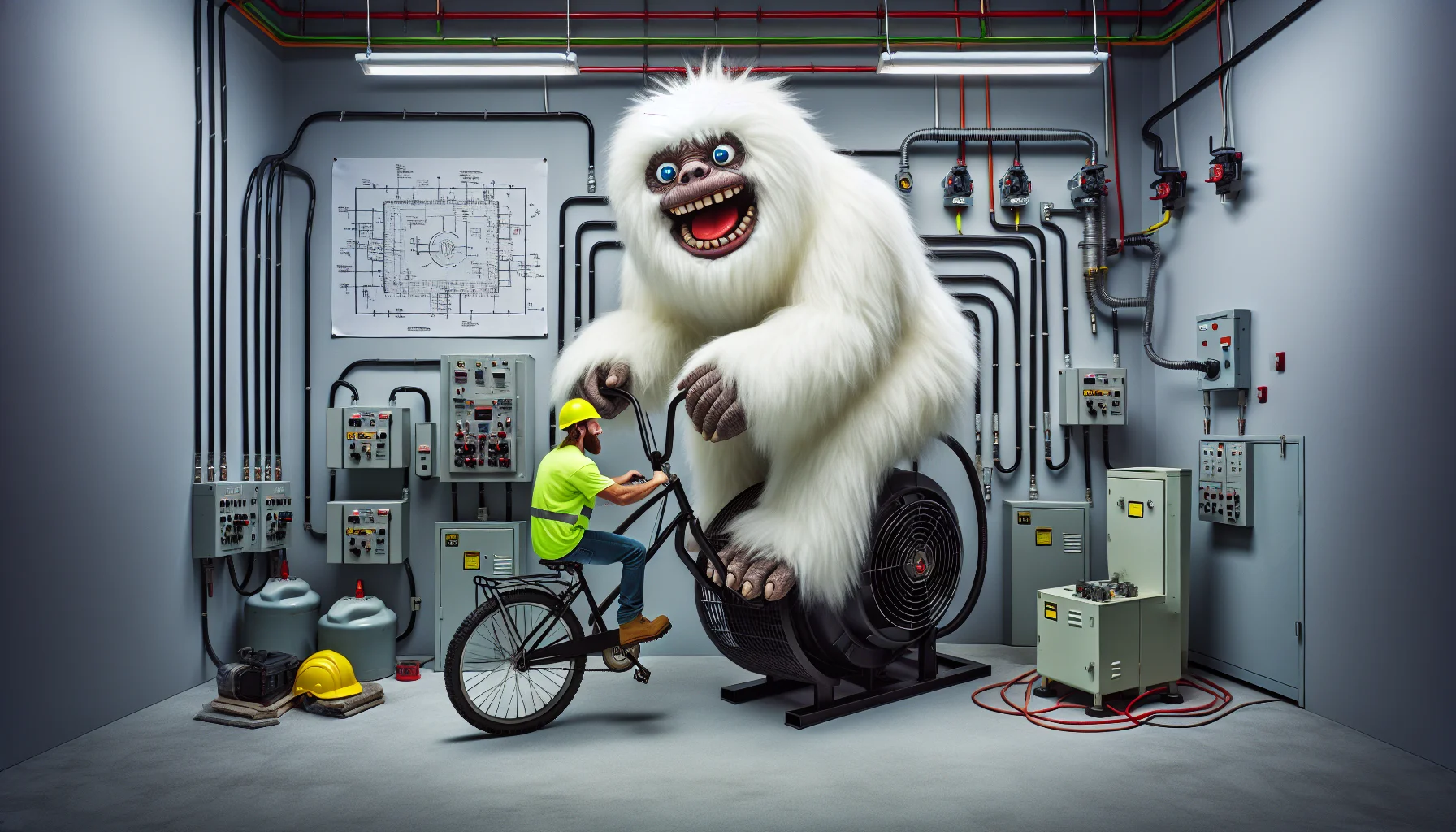 Generate a detailed and realistic image, capturing a quirky scene where a Yeti-like creature contributes to electricity generation. This large creature, fuzzy and white, is pedaling a bicycle that is attached to a large generator. In an amusing twist, it is wearing a safety helmet and a neon yellow construction vest, attempting to blend into a human workspace. Despite being beaming with joy, it is unable to hide its size, which dwarfs nearby objects. The background includes electrical equipment, wire diagrams, and maybe even a lit bulb to indicate electricity generation.